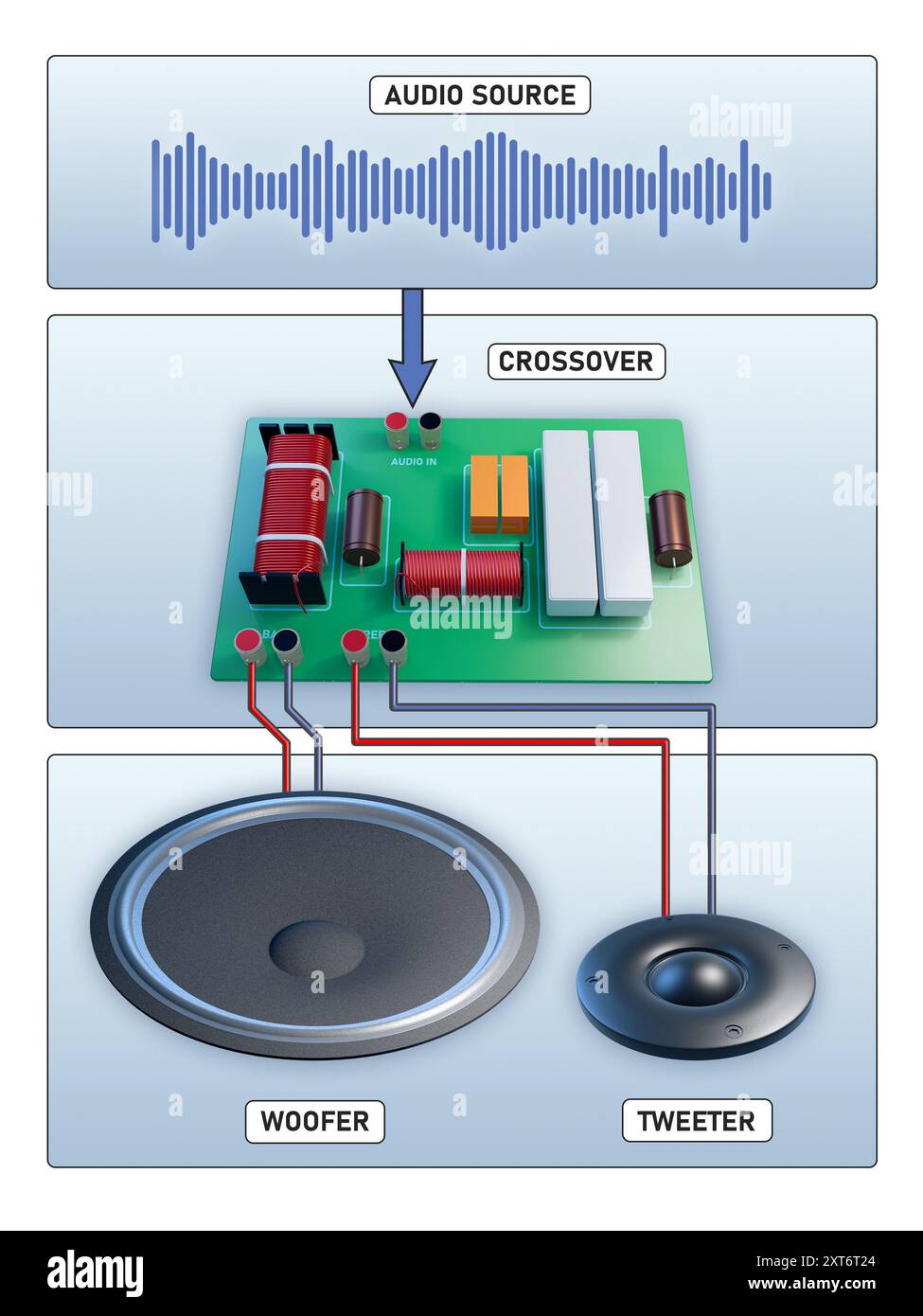 Schema di un crossover a 2 vie che alimenta un woofer e un driver tweeter. Illustrazione digitale, rendering 3D. Foto Stock