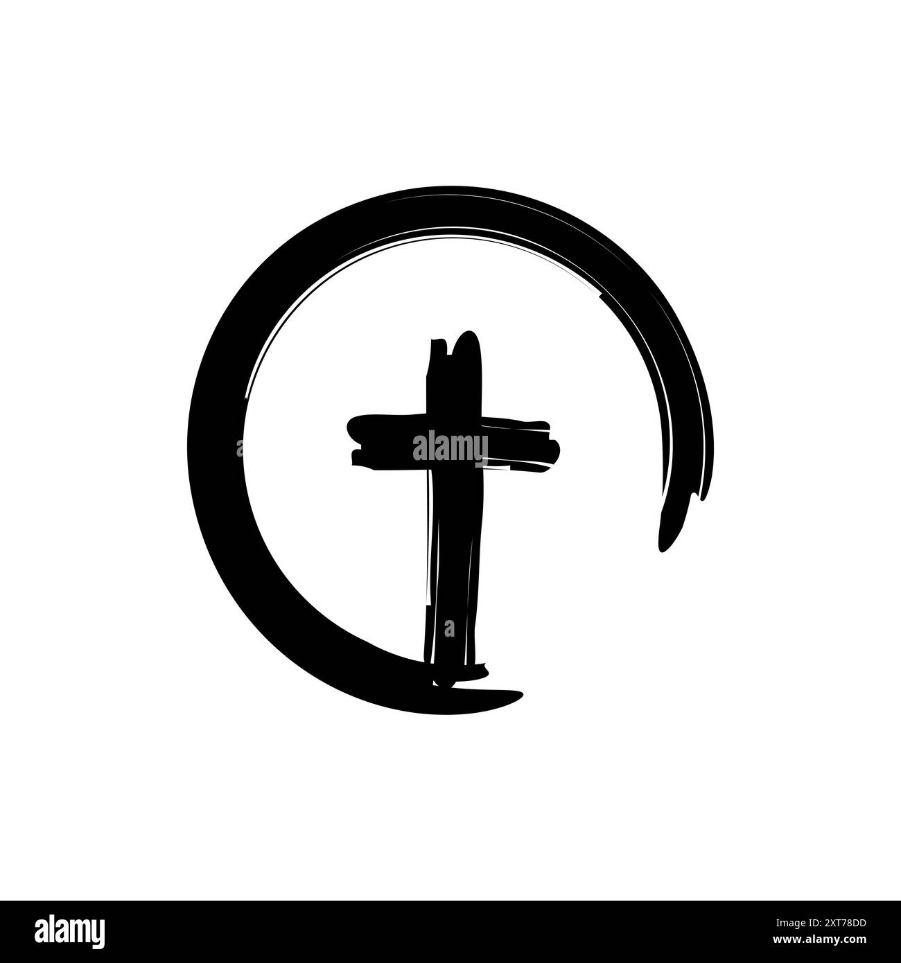 Icona a croce nera. Cerchio pennello. Simbolo religioso. Illustrazione vettoriale. Illustrazione Vettoriale