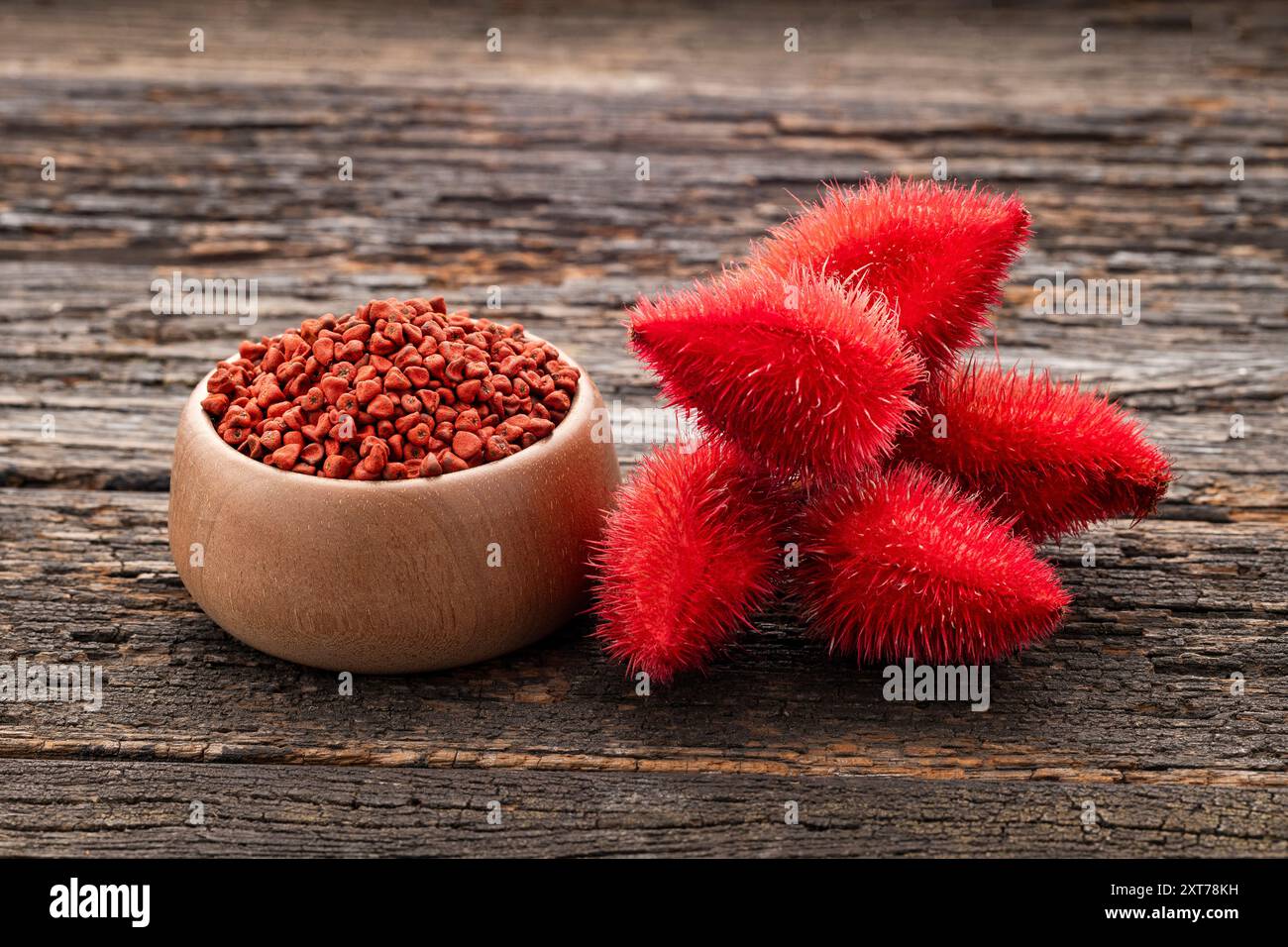 Annatto Plant - semi biologici di Bixa Orellana. sfondo in legno Foto Stock