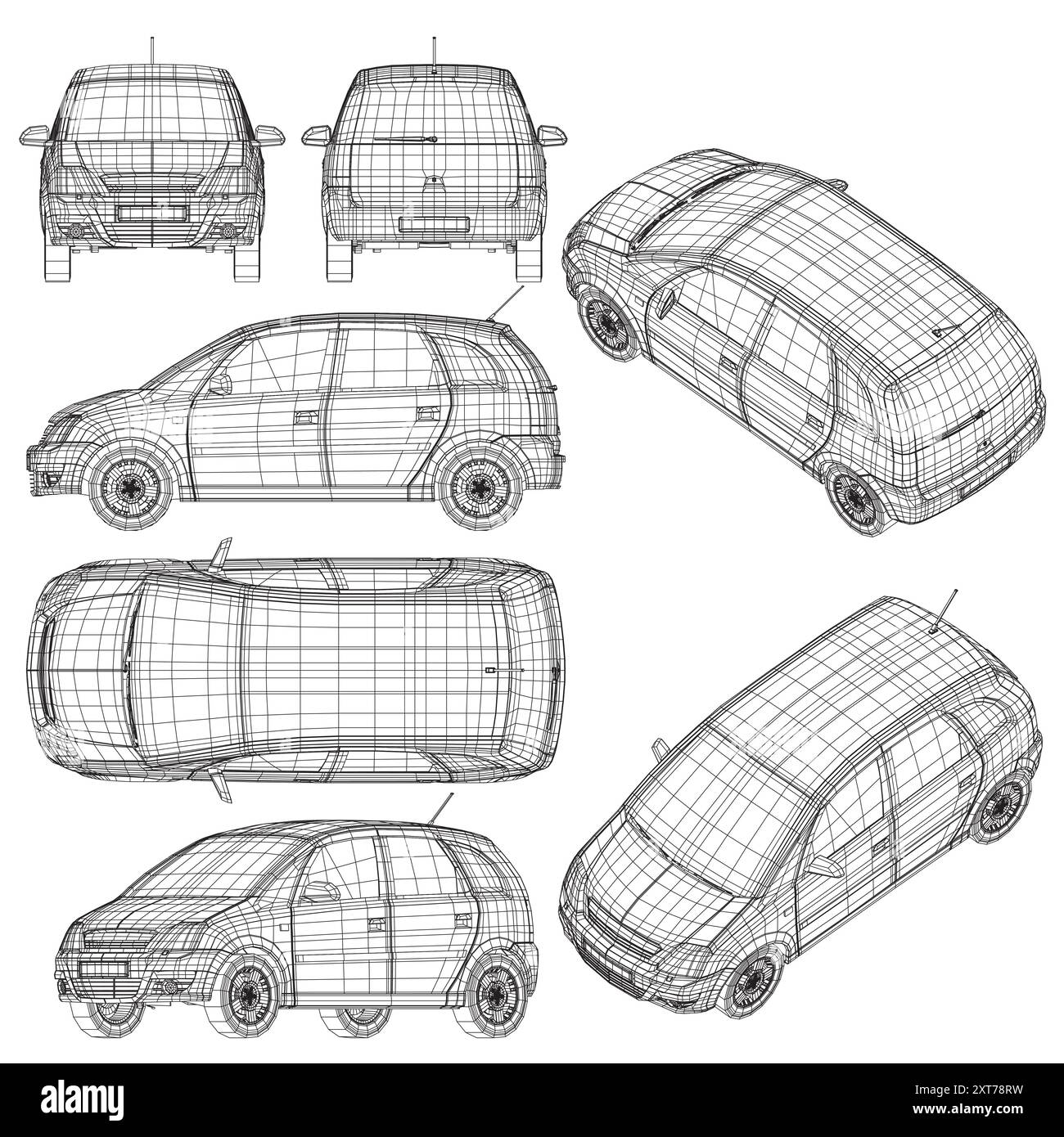 Branding o pubblicità di modelli di auto compatte vuote. Struttura a reticolo per auto su sfondo bianco. Ambientato con i contorni di un'auto da Black Lines Isola Illustrazione Vettoriale