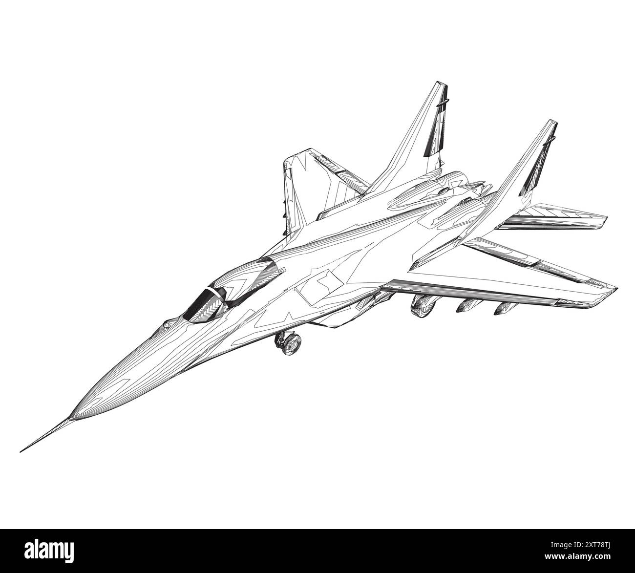 Profilo jet da caccia militare. Illustrazione grafica vettoriale del velivolo Contour. Moderno aereo da guerra. Velocità supersonica. 3D. Illustrazione Vettoriale