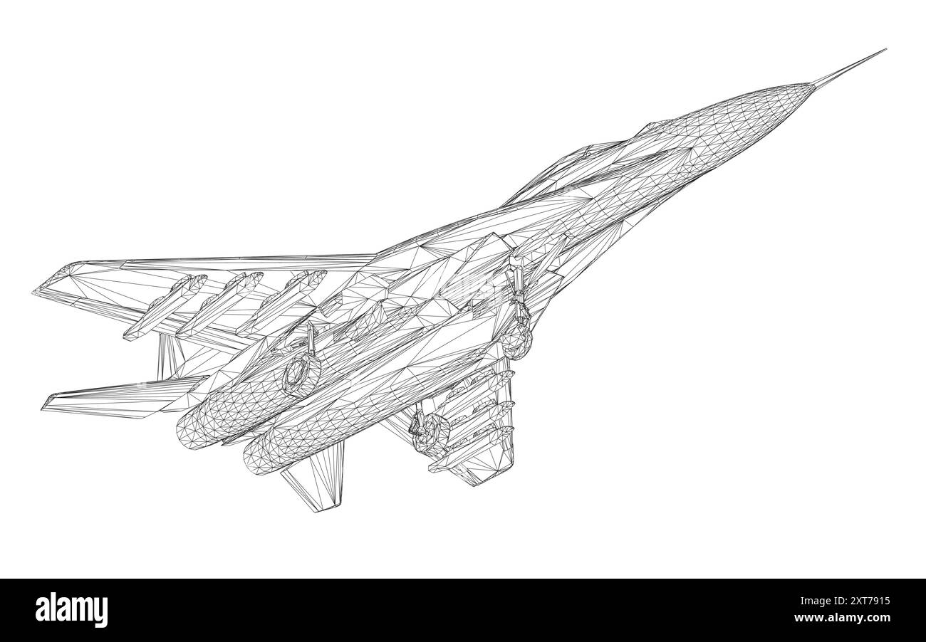 Struttura a reticolo per jet da caccia militare. Illustrazione grafica vettoriale di un velivolo a reticolo. Moderno aereo da guerra. Velocità supersonica. 3D.. Illustrazione Vettoriale