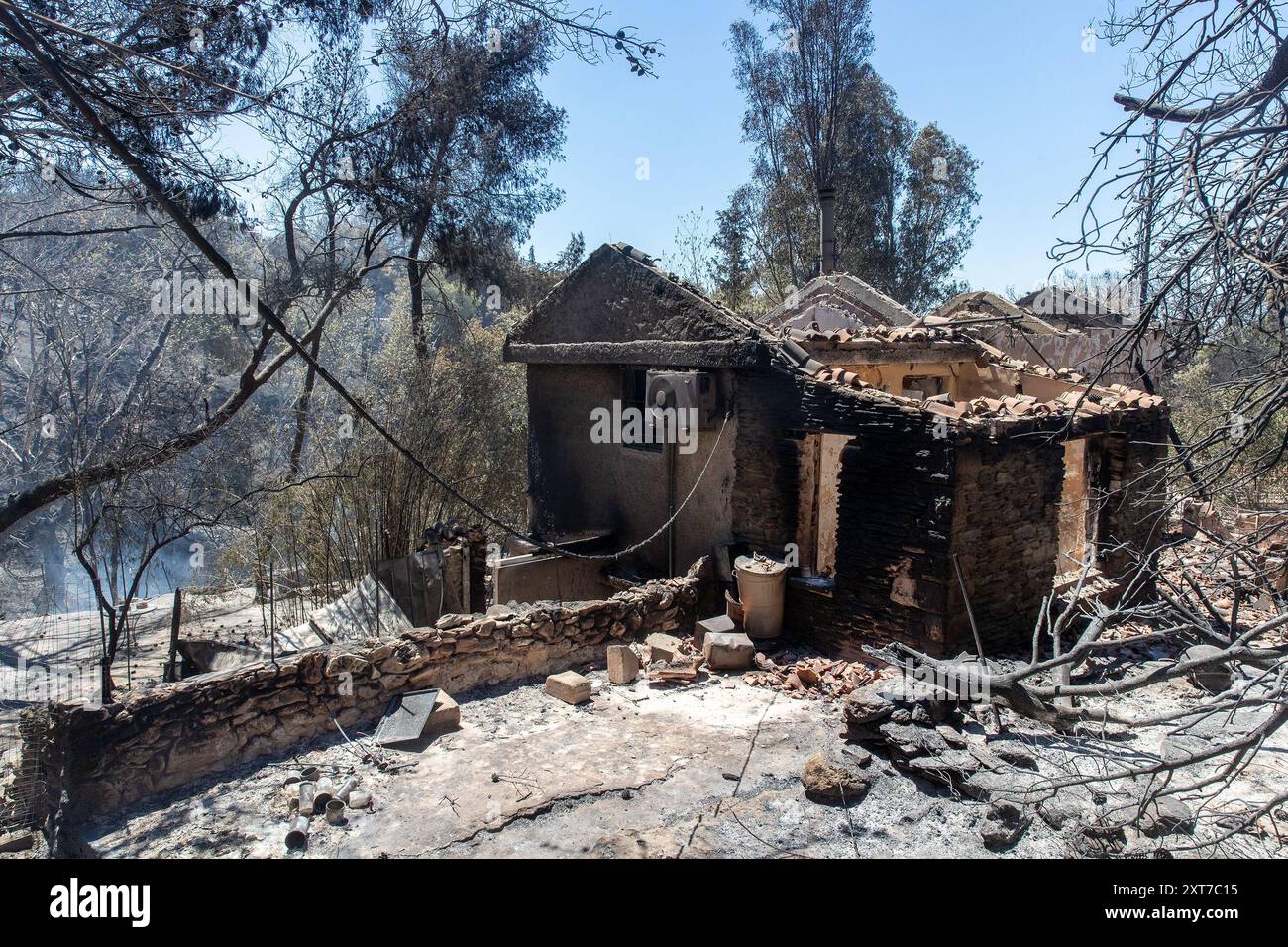 Atene, Grecia. 13 agosto 2024. Questa foto mostra una casa danneggiata da un incendio nel nord di Atene, in Grecia, il 13 agosto 2024. Un grande incendio che è scoppiato la domenica e si è diffuso per oltre 30 km per raggiungere i sobborghi nord-orientali di Atene è stato contenuto il martedì mattina presto, lasciando un morto e causando danni significativi, secondo le autorità locali. Crediti: Marios Lolos/Xinhua/Alamy Live News Foto Stock
