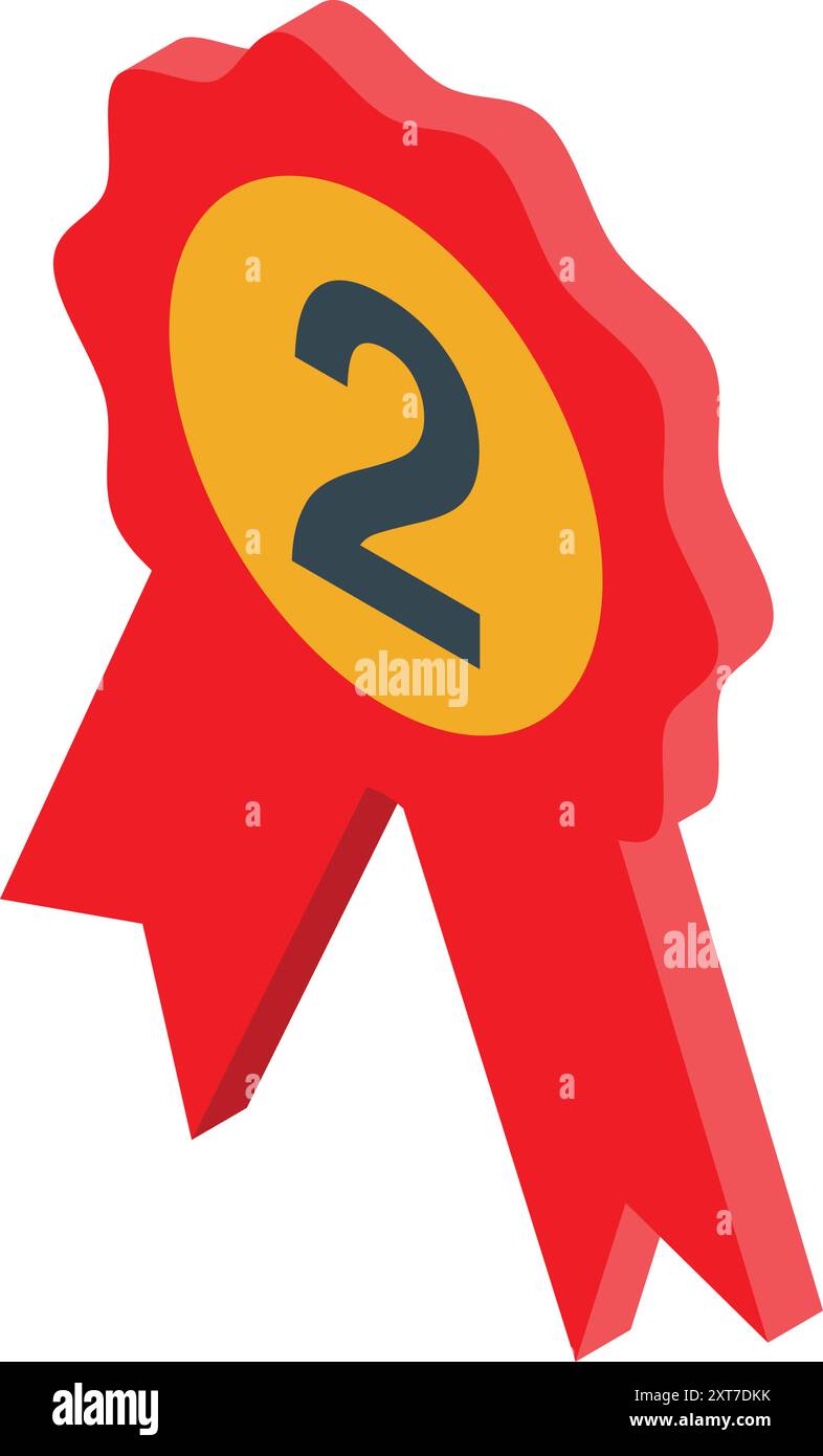 Nastro rosso premio con un centro giallo che mostra il numero due per il secondo posto Illustrazione Vettoriale