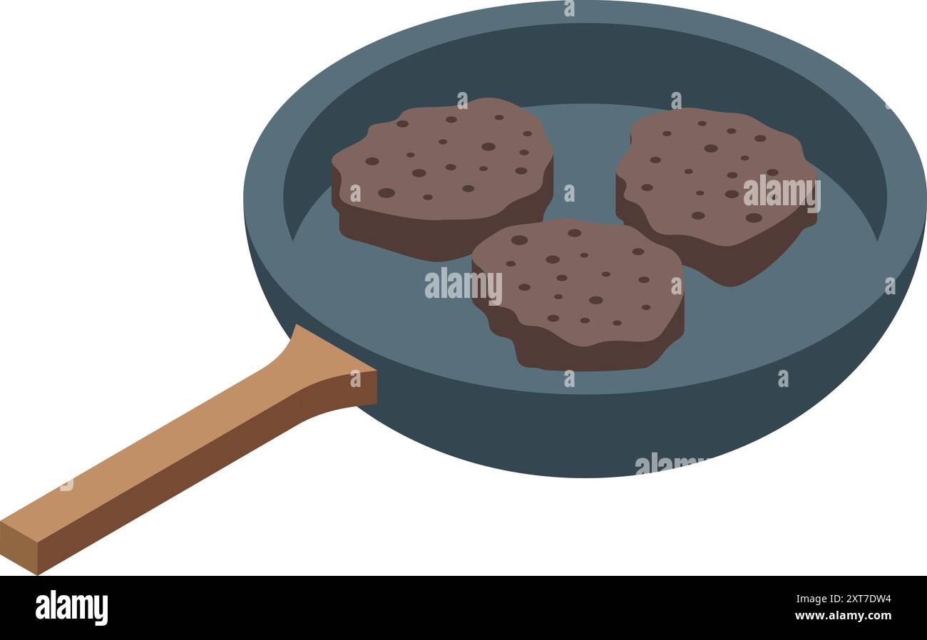 Padella per cuocere tre polpette di hamburger in una vista isometrica Illustrazione Vettoriale