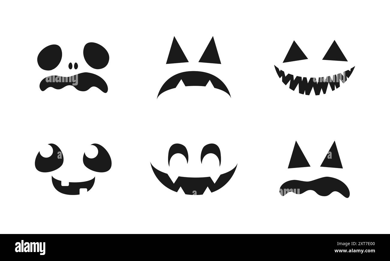 Set di volti mostro spaventosi. Jack o Lantern Face Halloween Pumpkin Icon Collection. Semplici illustrazioni spaventose di Horror. Illustrazione Vettoriale