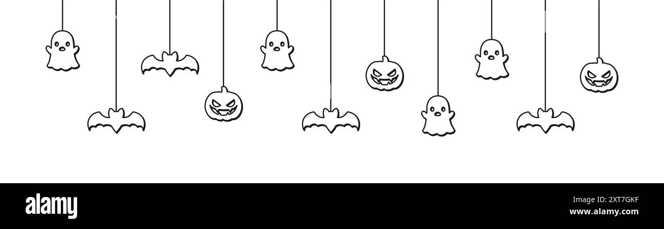 Il banner di Halloween o il bordo con pipistrelli, ragnatele, fantasma e zucche jack o lanterne delineano il doodle. Appendere Spooky Ornaments Decoration Vector i Illustrazione Vettoriale