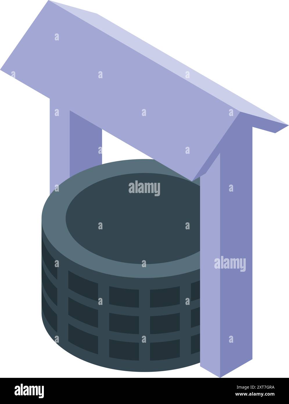 Icona isometrica di un pozzo d'acqua di pietra con un tetto, che fornisce acqua potabile fresca Illustrazione Vettoriale