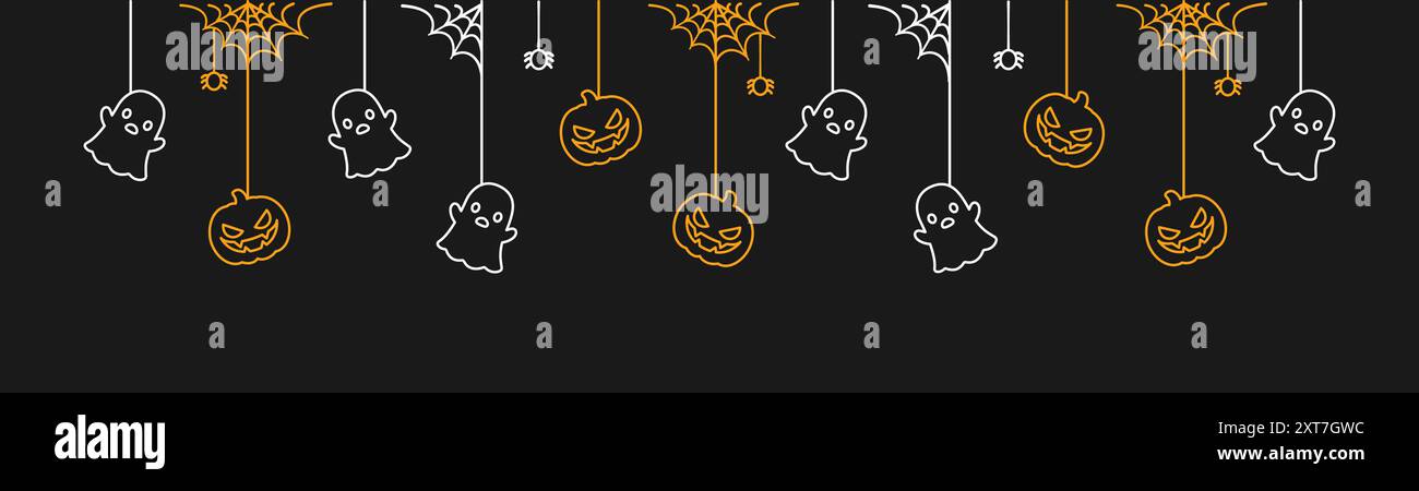 Felice striscione di Halloween o bordo con fantasmi scintillanti e zucche jack o lanterne. Visualizzazione di immagini vettoriali, trick o tr con decorazione di ornamenti spettrali Illustrazione Vettoriale