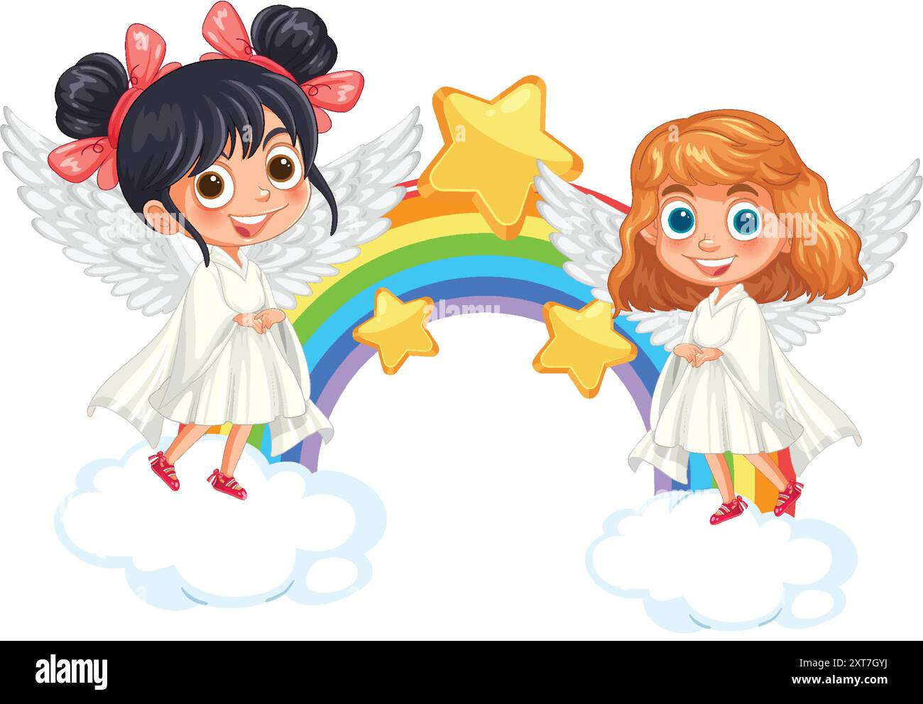 Due angeli con arcobaleno e stelle Illustrazione Vettoriale