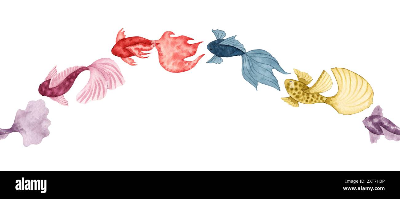 Bordo senza cuciture di vari pesci. Illustrazione acquerello. Stile semplice e stilizzato degli animali marini. Disegno isolato disegnato a mano. Mondo sottomarino del mare Foto Stock