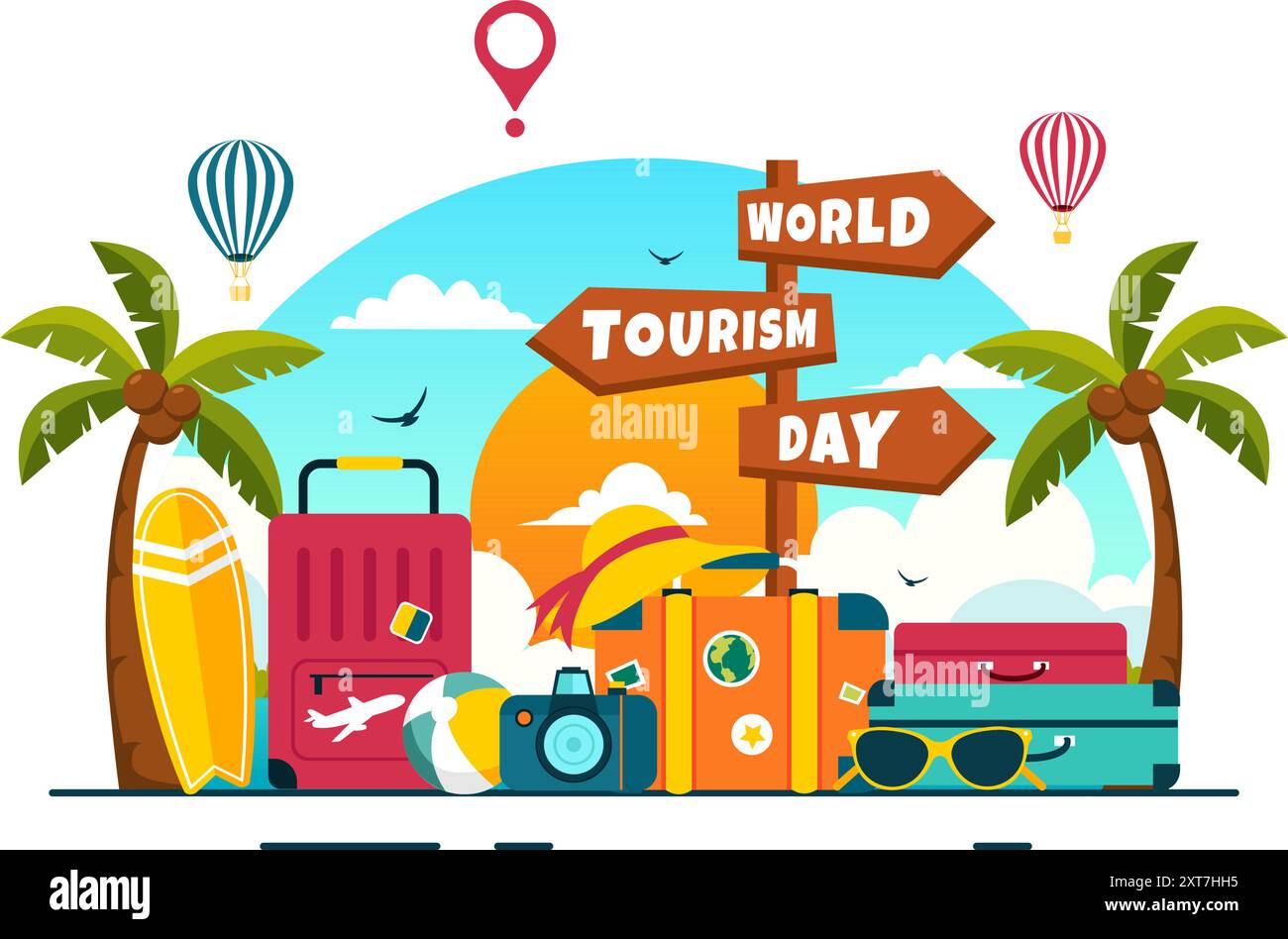 Illustrazione vettoriale della giornata Mondiale del Turismo con un globo e famosi monumenti, monumenti architettonici e statue nazionali sullo sfondo di un cartone animato Illustrazione Vettoriale