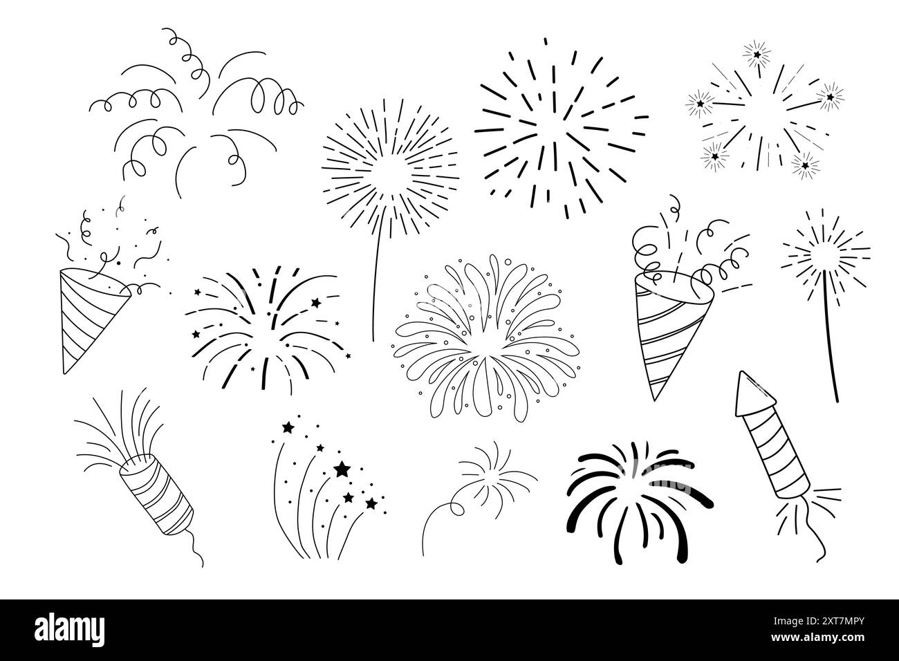 Fuochi d'artificio e razzo, saluta con esplosioni, luci ed esplosioni natalizie in stile doodle. Scintille disegnate a mano, firecracker su sfondo bianco. Festa, celebrazioni, evento. Illustrazione vettoriale Illustrazione Vettoriale