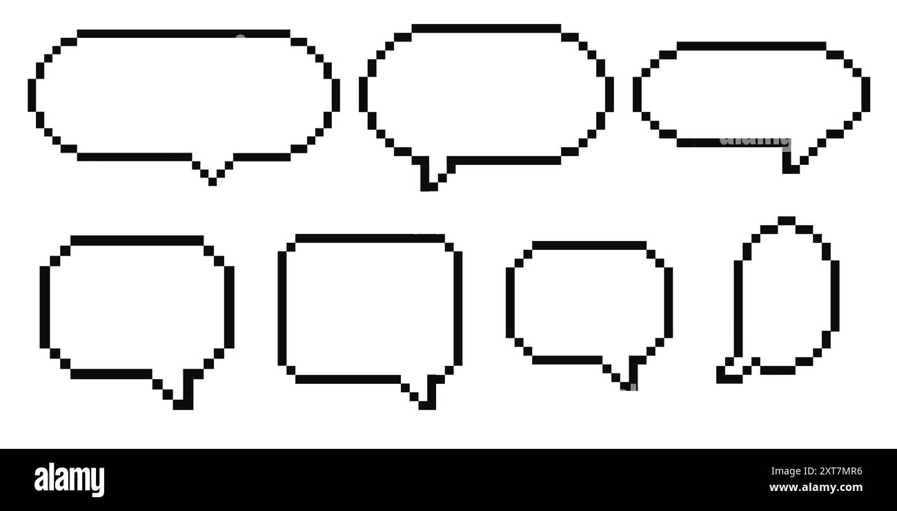 Messaggio retro digitale y2k a 8 bit con nuvola a bolle di riconoscimento vocale pixel. Casella di conversazione gioco, commento.b riquadro di testo, bordo. giochi per computer degli anni '80, '90. Illustrazione vettoriale Illustrazione Vettoriale