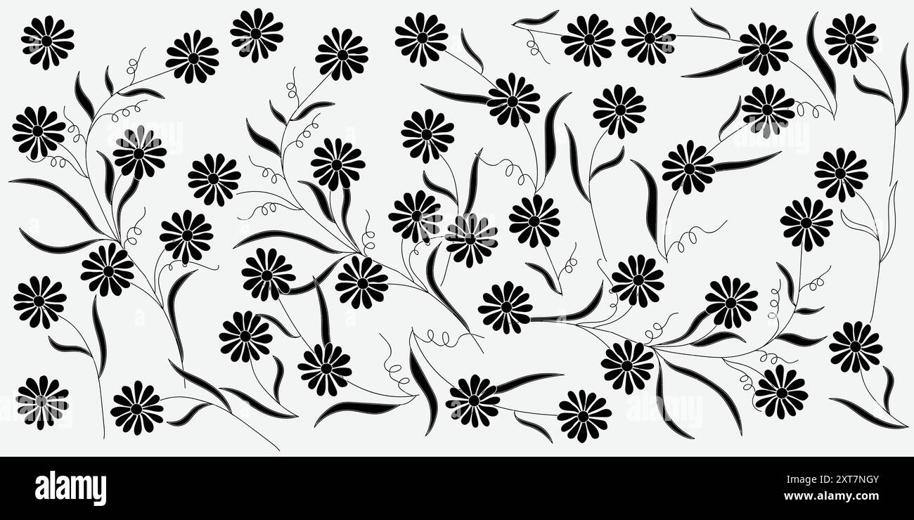 Un elegante design floreale nero con fiori intricati e foglie eleganti su uno sfondo bianco nitido Illustrazione Vettoriale