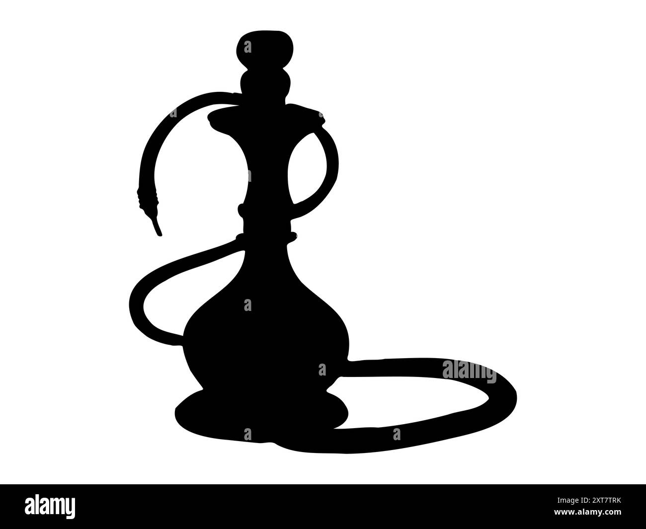 Silhouette nera di un narghilè isolata su sfondo bianco. Concetto di fumo tradizionale, cultura mediorientale e design minimalista. Il grafico Illustrazione Vettoriale