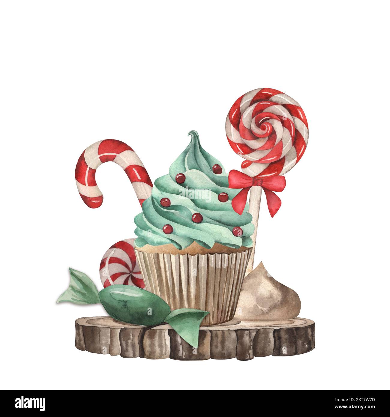 Meringa, piedistallo in legno, cupcake, lecca lecca, caramelle, dolci di Natale. L'illustrazione è dipinta ad acquerello su sfondo bianco. Per le vacanze Foto Stock