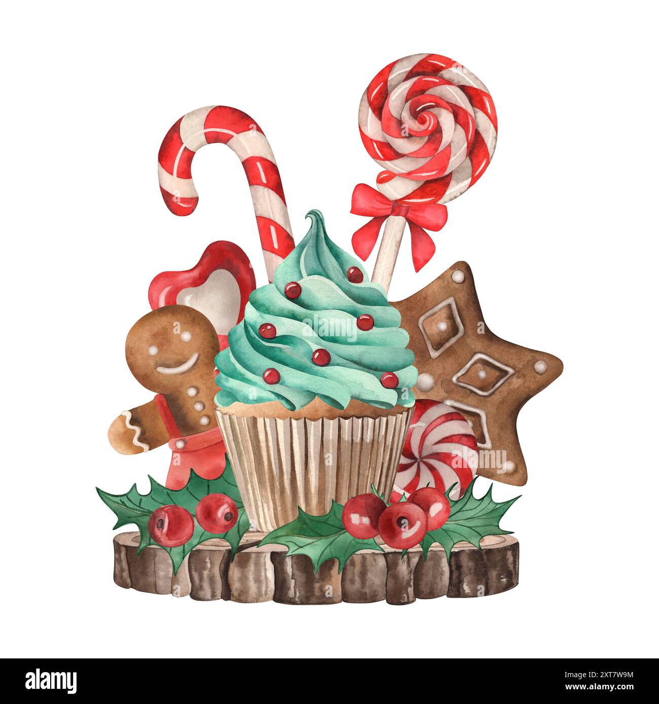 Dolci di Natale, dolcetti, pan di zenzero, lecca lecca, cupcake, muffin, holly. La composizione è su un supporto di legno. La figura è illustrata a mano Foto Stock