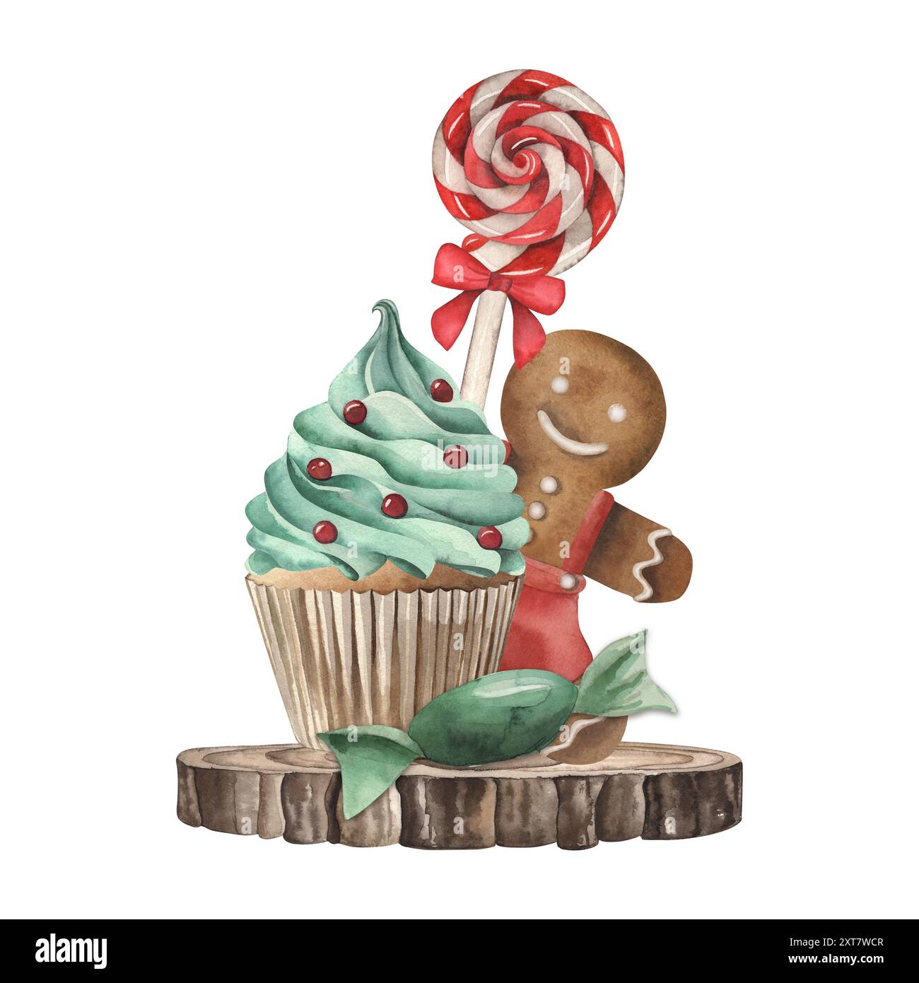 Piedistallo in legno, cupcake, pan di zenzero, lecca lecca, caramelle, dolci di Natale. L'illustrazione è dipinta ad acquerello su sfondo bianco. Per le vacanze Foto Stock
