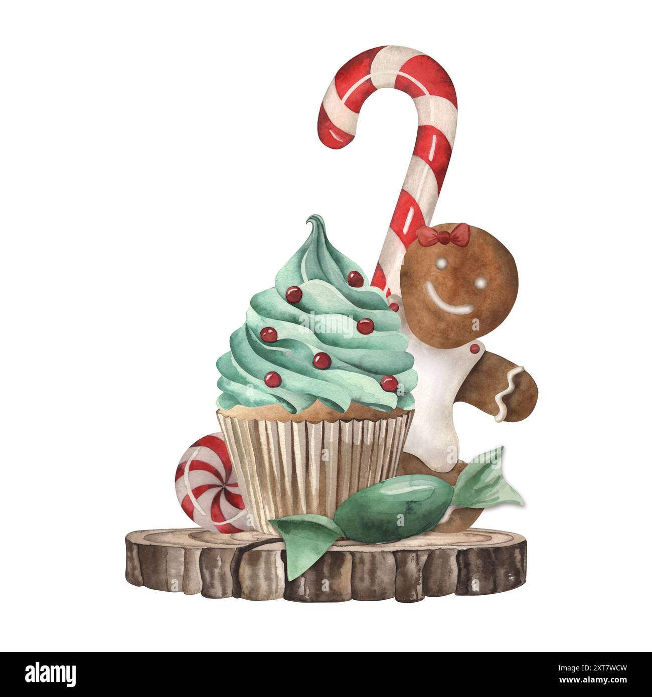 Piedistallo in legno, cupcake, pan di zenzero, lecca lecca, caramelle, dolci di Natale. L'illustrazione è dipinta ad acquerello su sfondo bianco. Per le vacanze Foto Stock