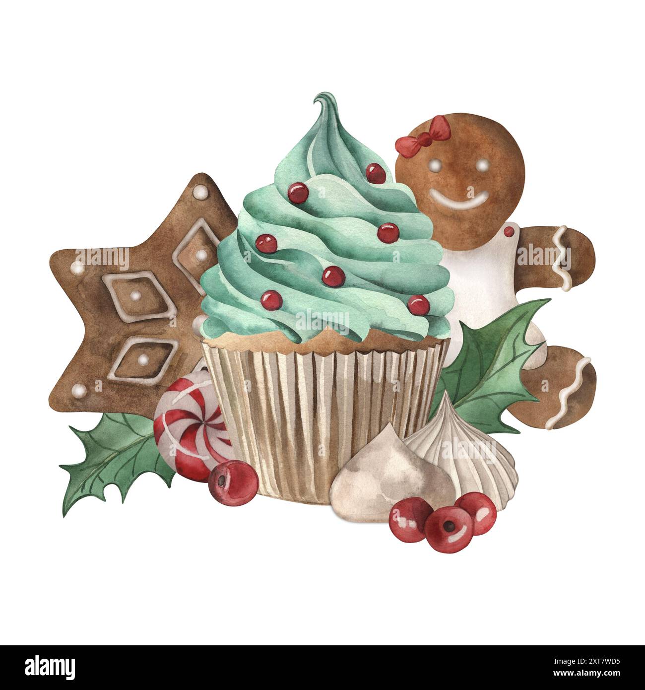 Cupcake, pan di zenzero, caramelle, frutti di bosco, meringa, dolci di Natale, anno nuovo 2025. L'illustrazione è disegnata in acquerello isolatamente. Per Foto Stock