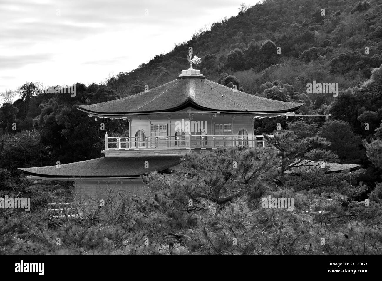 Immagine in bianco e nero del tempio Kinkakuji Padiglione d'oro, tempio buddista Zen a Kyoto, Giappone, sito patrimonio mondiale dell'UNESCO il 17 febbraio 2024 Foto Stock