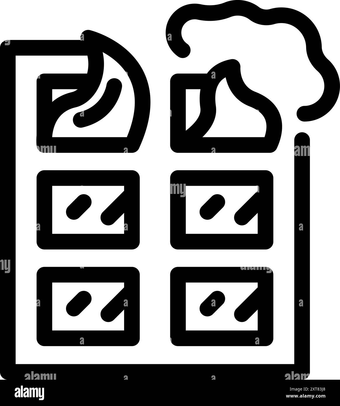 Icona nera di un edificio con fumo che fuoriesce dalle finestre Illustrazione Vettoriale