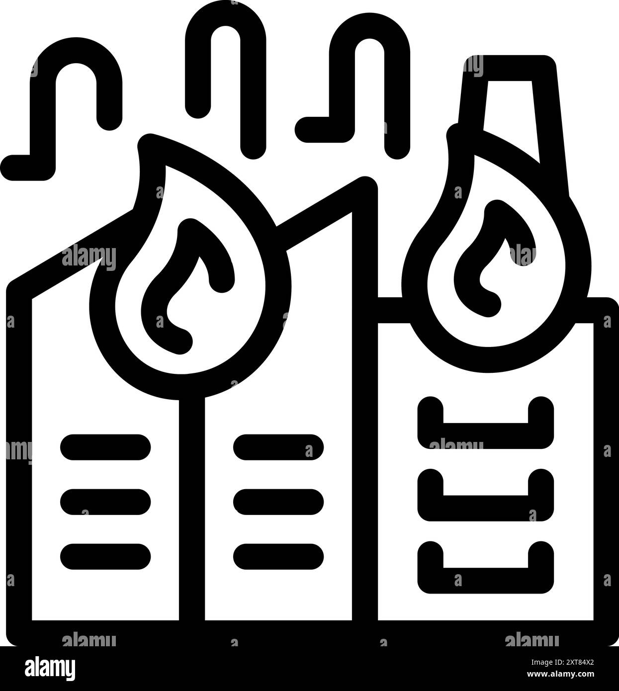 Icona vettoriale line art di un impianto a gas che emette gas e fuoco con serbatoi di stoccaggio Illustrazione Vettoriale