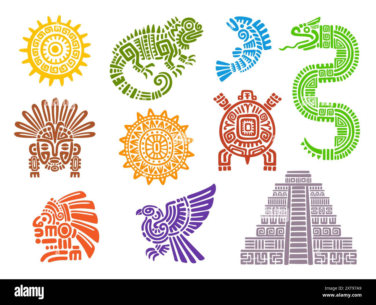 Totem Maya aztechi. Simboli tribali e tatuaggi di sole, uccelli mitologici e animali della civiltà antica messicana, inca o maya. Aquila, tartaruga, maschera dio, lucertola e piramide, testa idolo, pesce e serpente Illustrazione Vettoriale