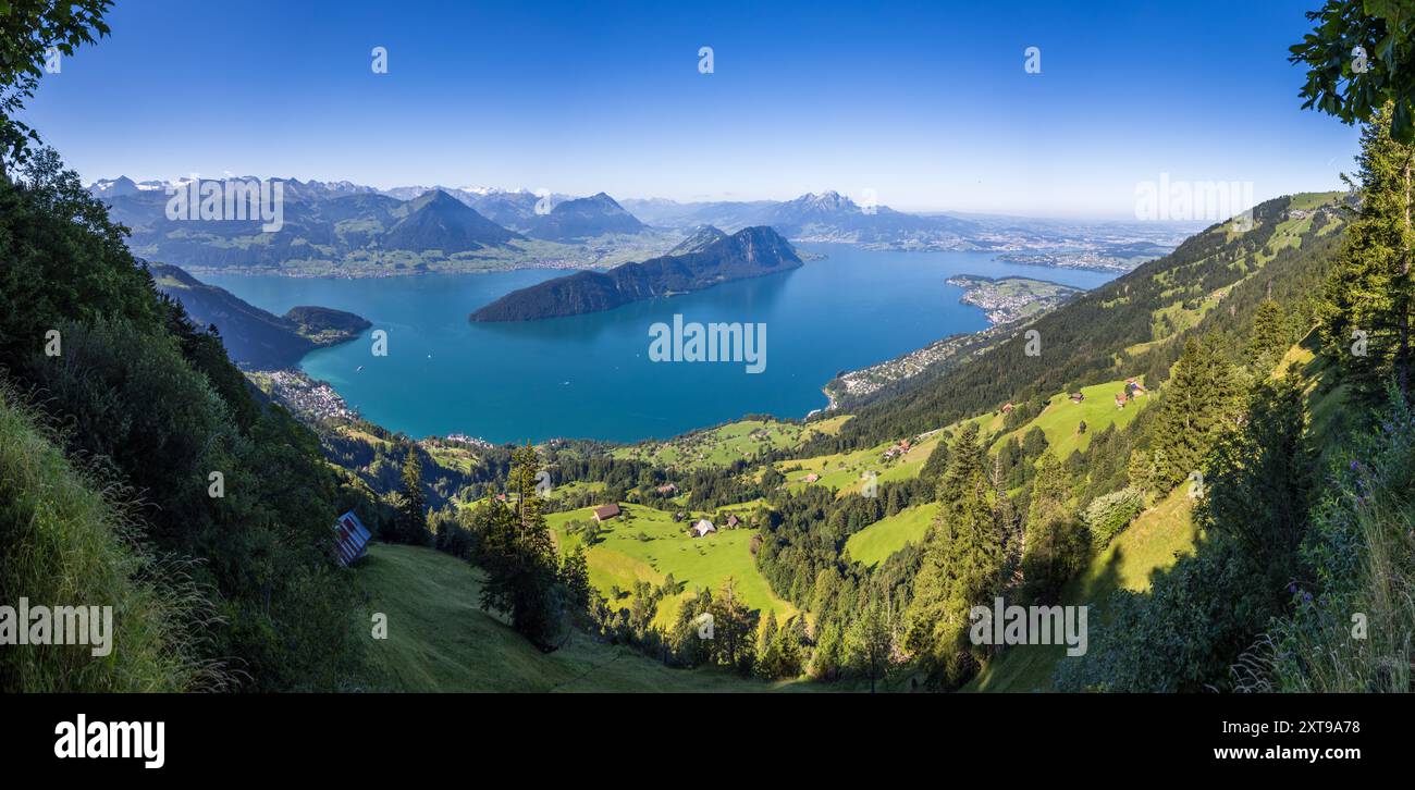 Vista del lago di Lucerna da Berghaus Unterstetten. Vitznau, Lucerna, Svizzera Foto Stock