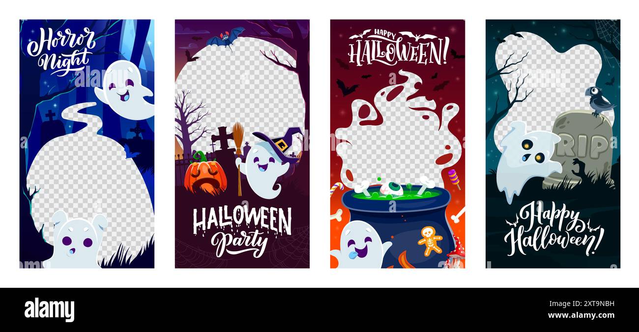 Modelli di cornici per i social media di Halloween. Layout spettrali con adorabili fantasmi. Insieme vettoriale di bordi verticali, cattura momenti inquietanti con uno stile carino e festoso che aggiunge un fascino spettrale ai post Illustrazione Vettoriale