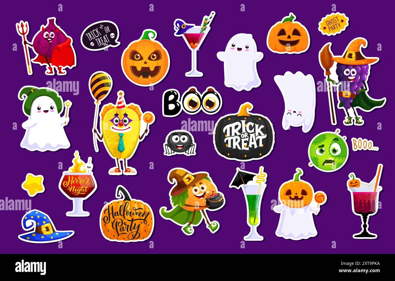 Adesivi di Halloween con personaggi emoji spaventosi e divertenti. Set di toppe vettoriali, fichi demoni, uva da strega, faccia di zucca di Jack lantern, simpatici fantasmi kawaii, ragno, bicchiere da cocktail, clown inquietante o cappello mago Illustrazione Vettoriale