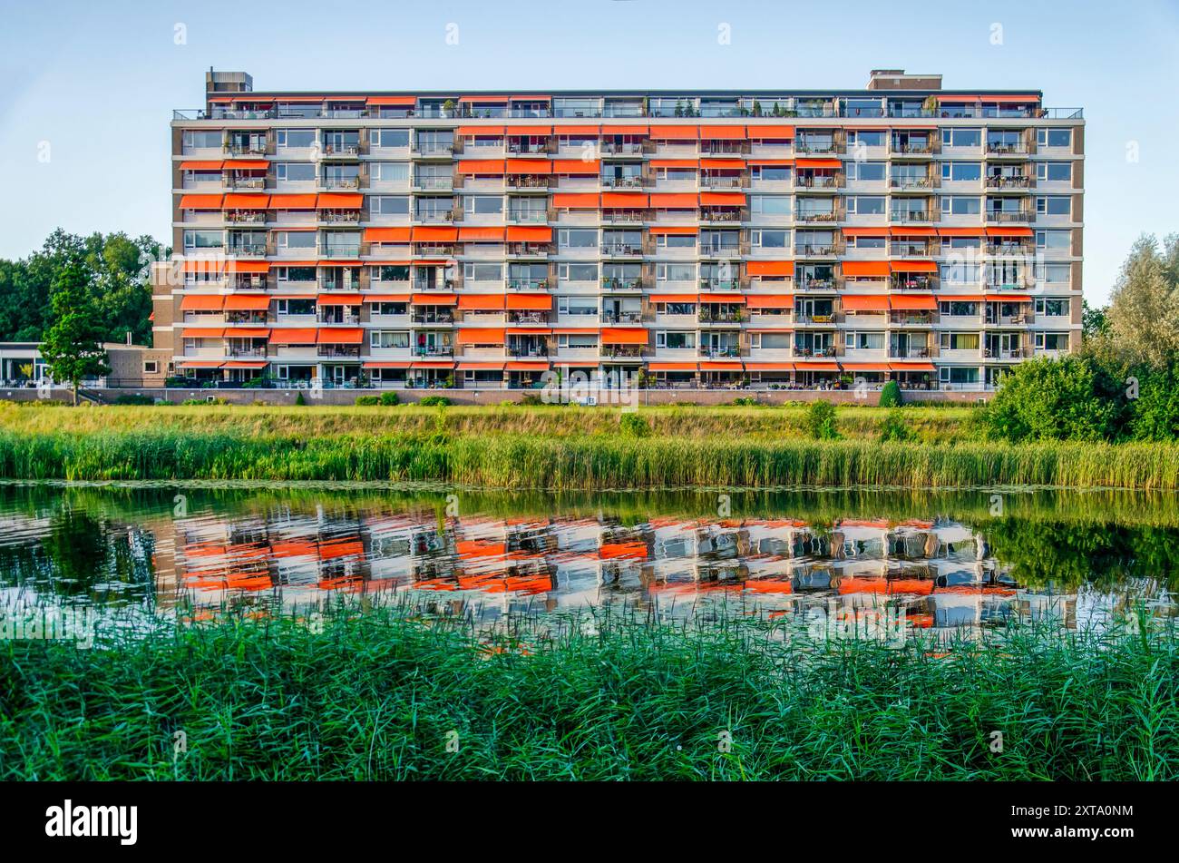 Zwolle, 7 agosto 2024: Lastra residenziale degli anni '1960 con schermi solari arancioni che si riflettono in un canale fiancheggiato da canne Foto Stock