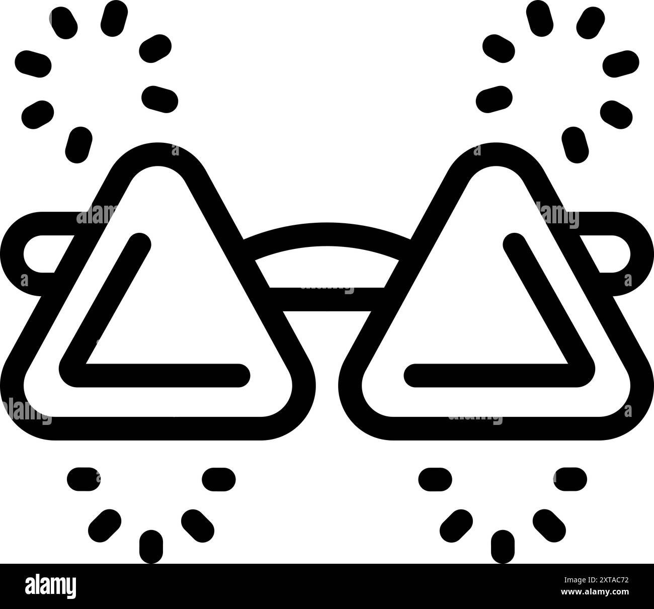 Icona line art di occhiali con lenti triangolari circondati da stelle scintillanti, perfetti per rappresentare feste e celebrazioni Illustrazione Vettoriale
