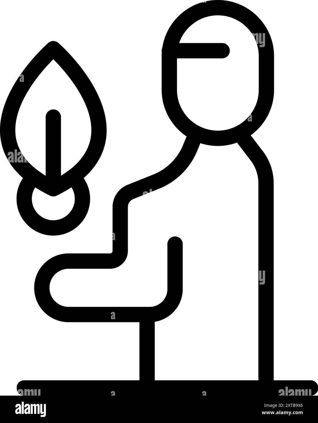 Icona della linea dell'ecologista che tiene germogli in crescita con foglie Illustrazione Vettoriale