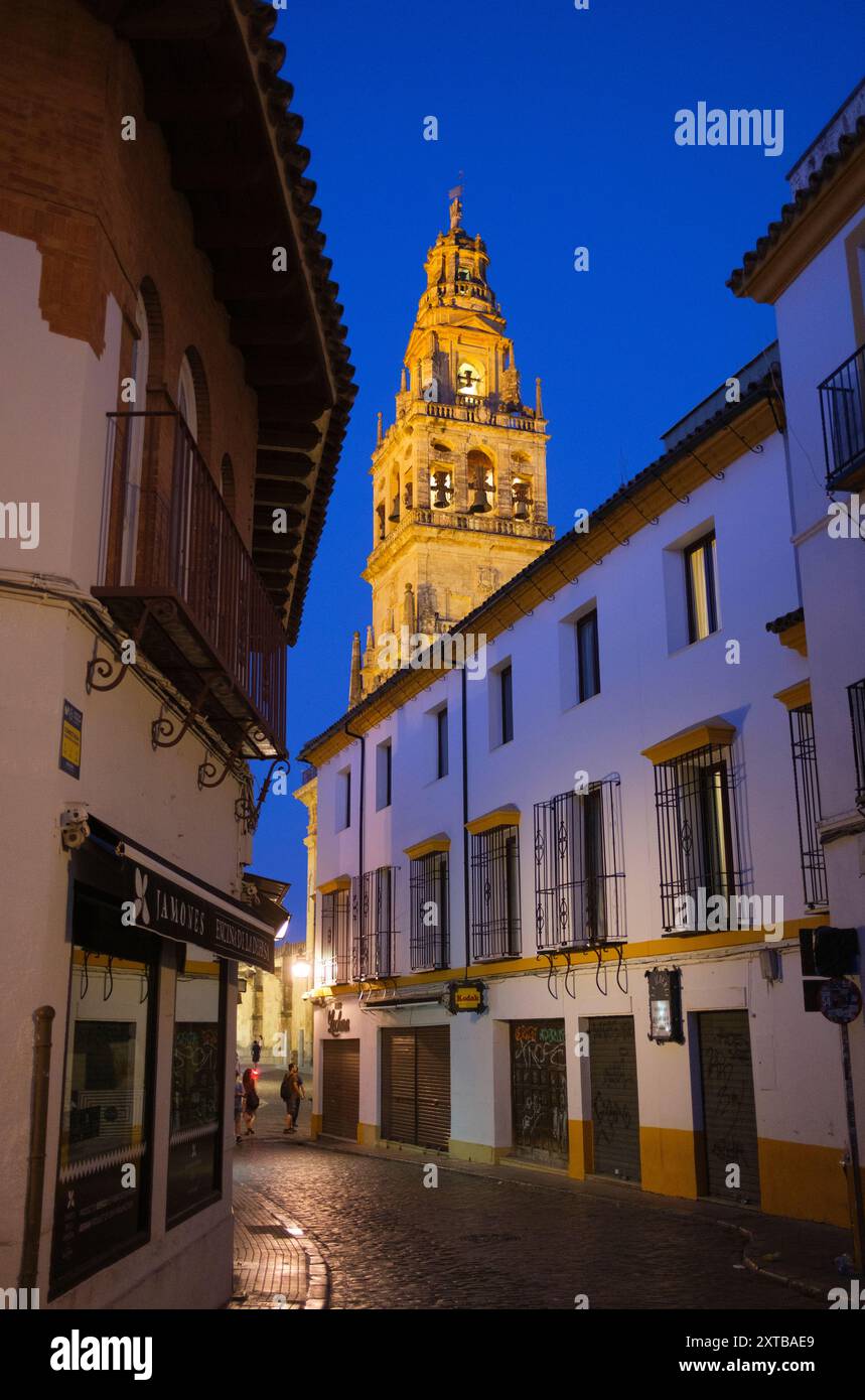 Spagna: Il campanile, la Mezquita o la moschea-cattedrale di Cordova (cattedrale di nostra Signora dell'assunzione), Cordova. La costruzione della grande Moschea iniziò nel 785–786 e terminò un anno dopo nel 786–787. Nel 1236 Córdoba fu conquistata da re Ferdinando III di Castiglia come parte della Reconquista. Dopo la conquista della città, la moschea fu convertita in una cattedrale cattolica dedicata alla Vergine Maria (Santa Maria). Foto Stock