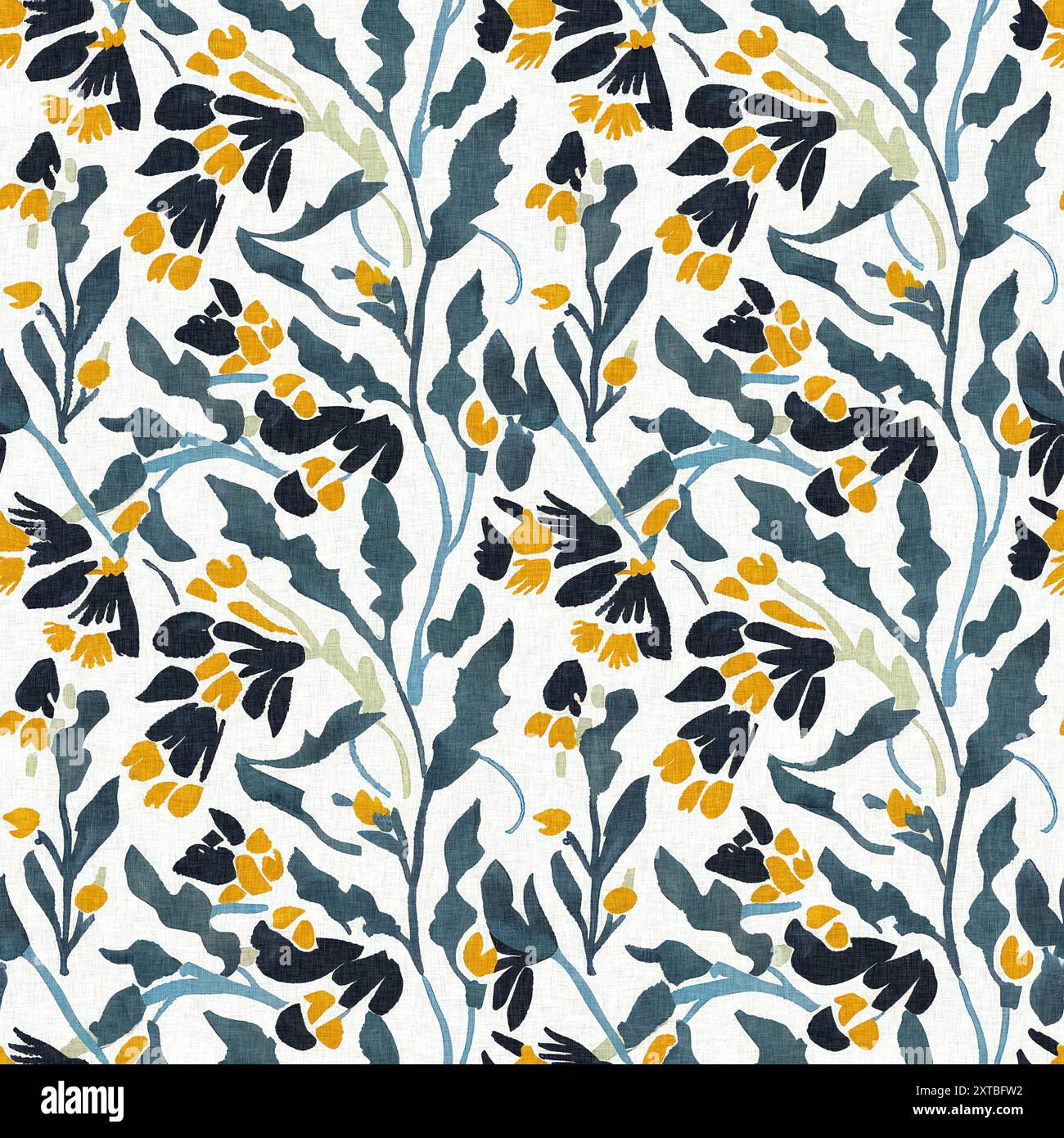 Moderno motivo blockprint in tessuto stampato con fiori selvatici e texture in lino. Motivi floreali boho scuri disegnati a mano stilizzati per elementi di design decorativi Foto Stock