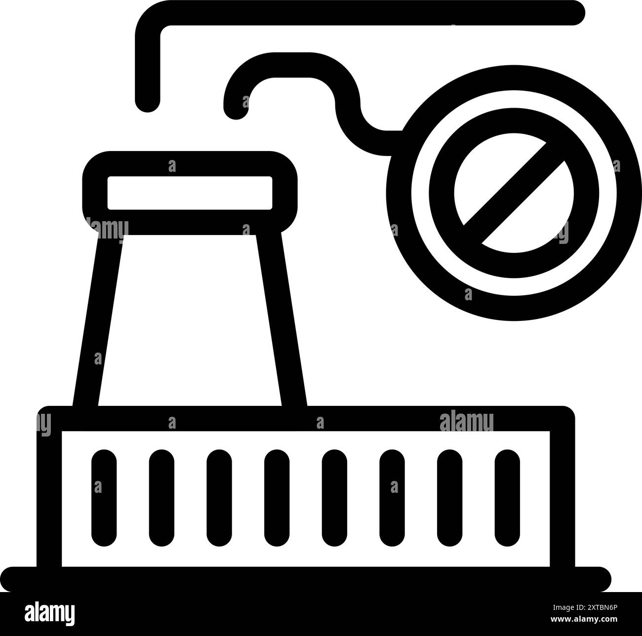Icona line art di un camino industriale con un segnale di stop, che rappresenta il concetto di divieto di inquinamento Illustrazione Vettoriale
