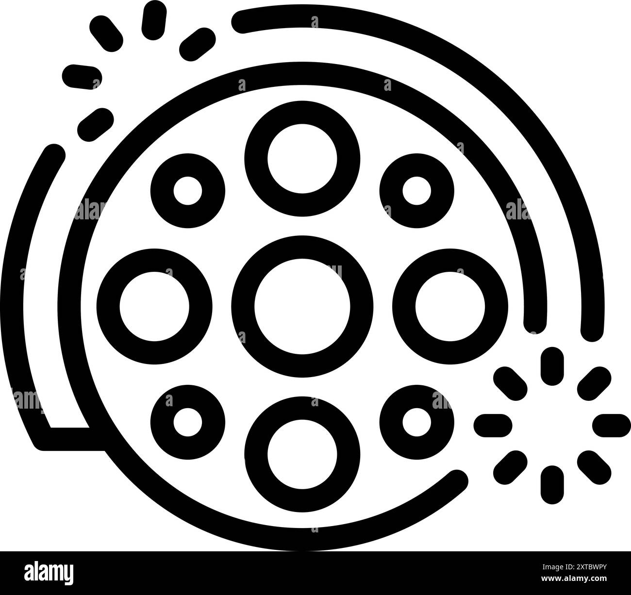 Semplice icona vettoriale in bianco e nero che rappresenta l'industria cinematografica con bobina e effetto luce Illustrazione Vettoriale