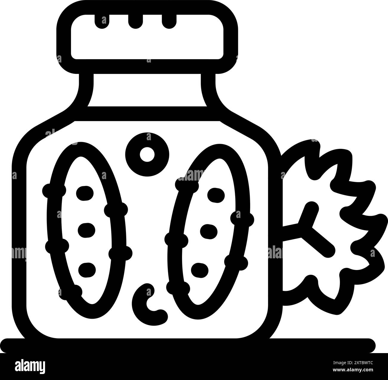 Icona del contorno che rappresenta un vaso di vetro che conserva due cetrioli con aneto per la conservazione degli alimenti Illustrazione Vettoriale