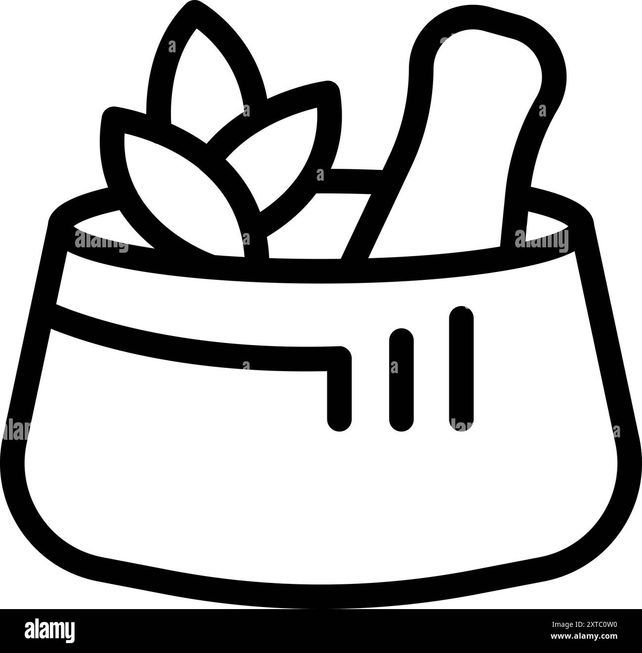 Semplice icona a linee di mortaio e pestello con erbe, simbolo di medicina alternativa e rimedi naturali Illustrazione Vettoriale