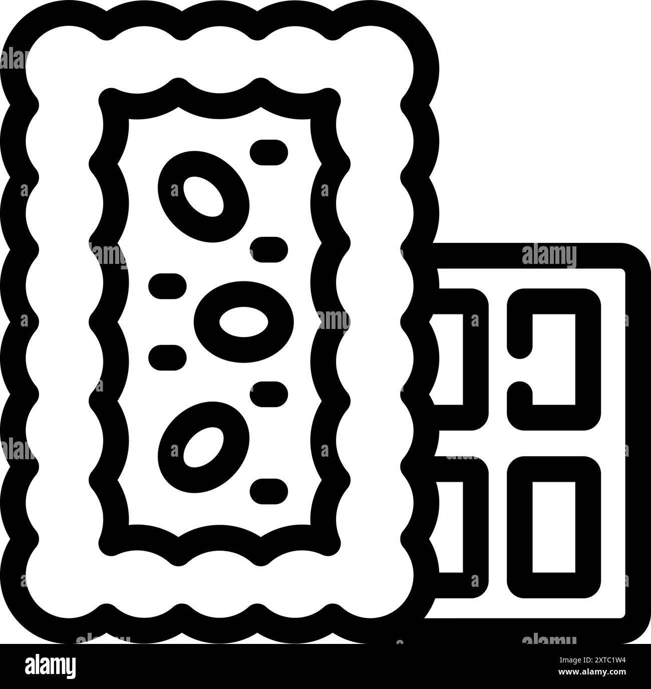 Semplice illustrazione vettoriale in bianco e nero di una barretta di cioccolato con ripieno e alcuni pezzi sul lato Illustrazione Vettoriale