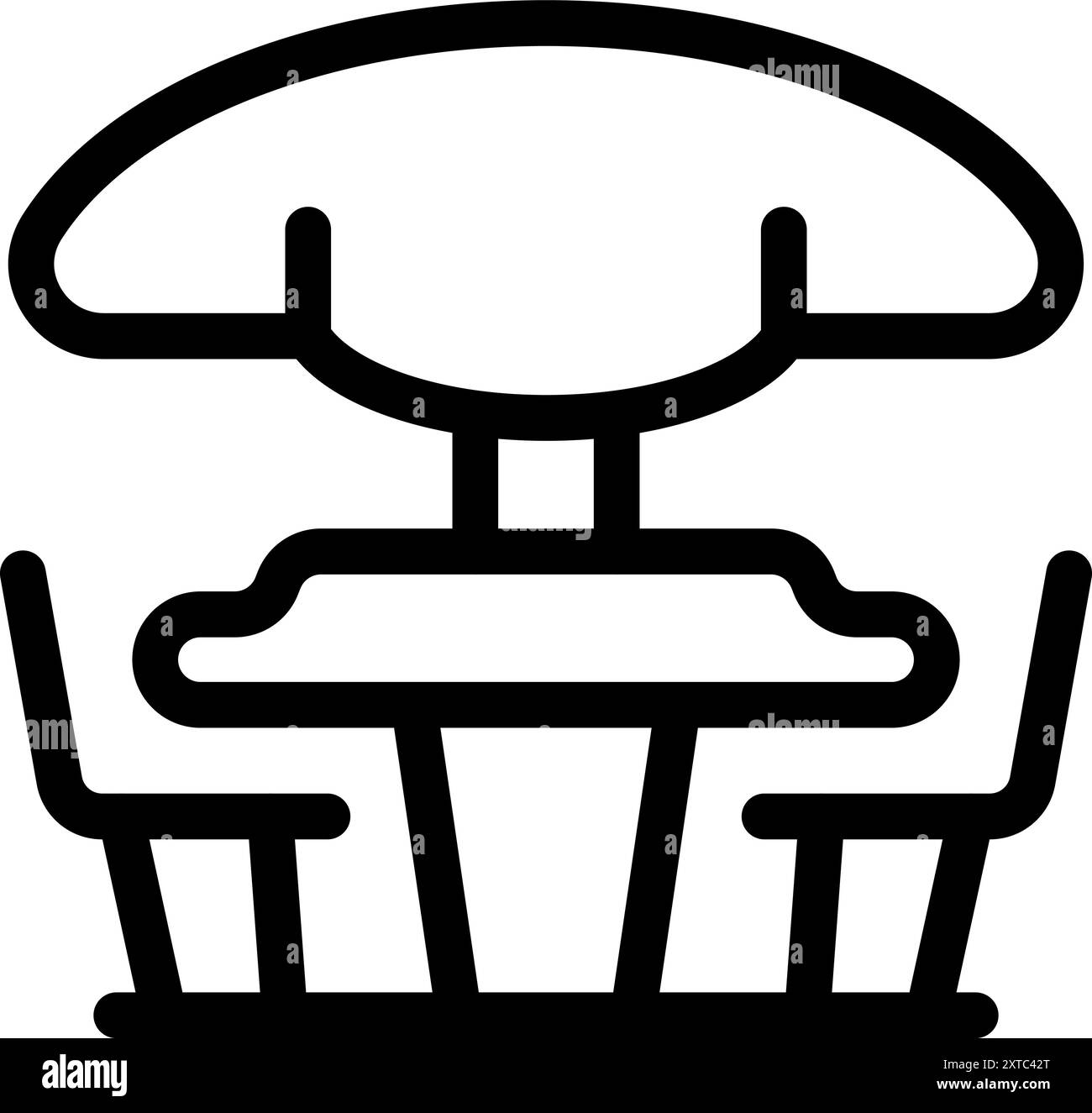Tavolino da caffe' in strada con una grande tendina parasole in piedi sulla terrazza con icona vettoriale Illustrazione Vettoriale