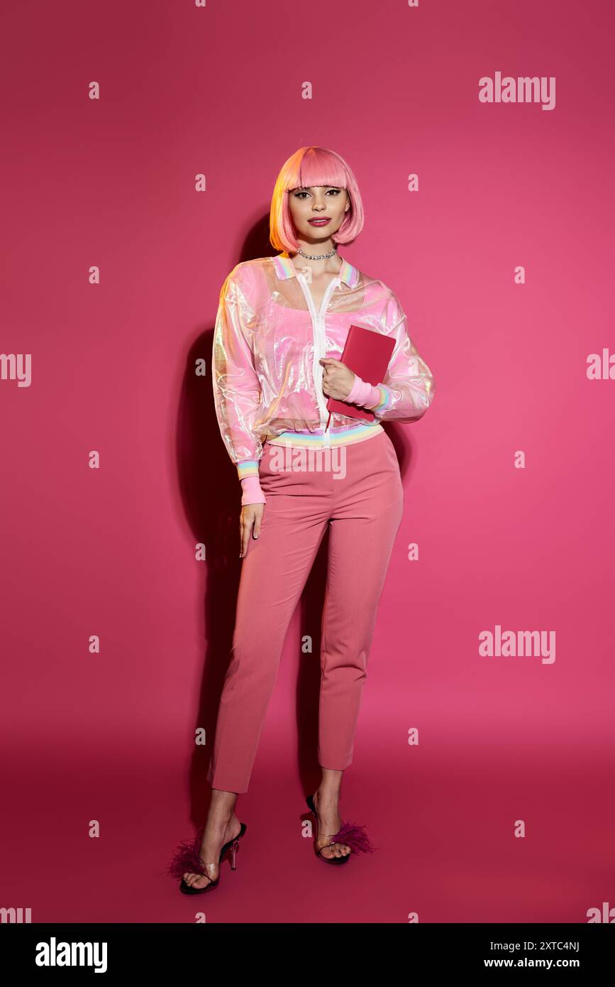 Una donna con un abito rosa si posa su un vivace sfondo rosa. Foto Stock