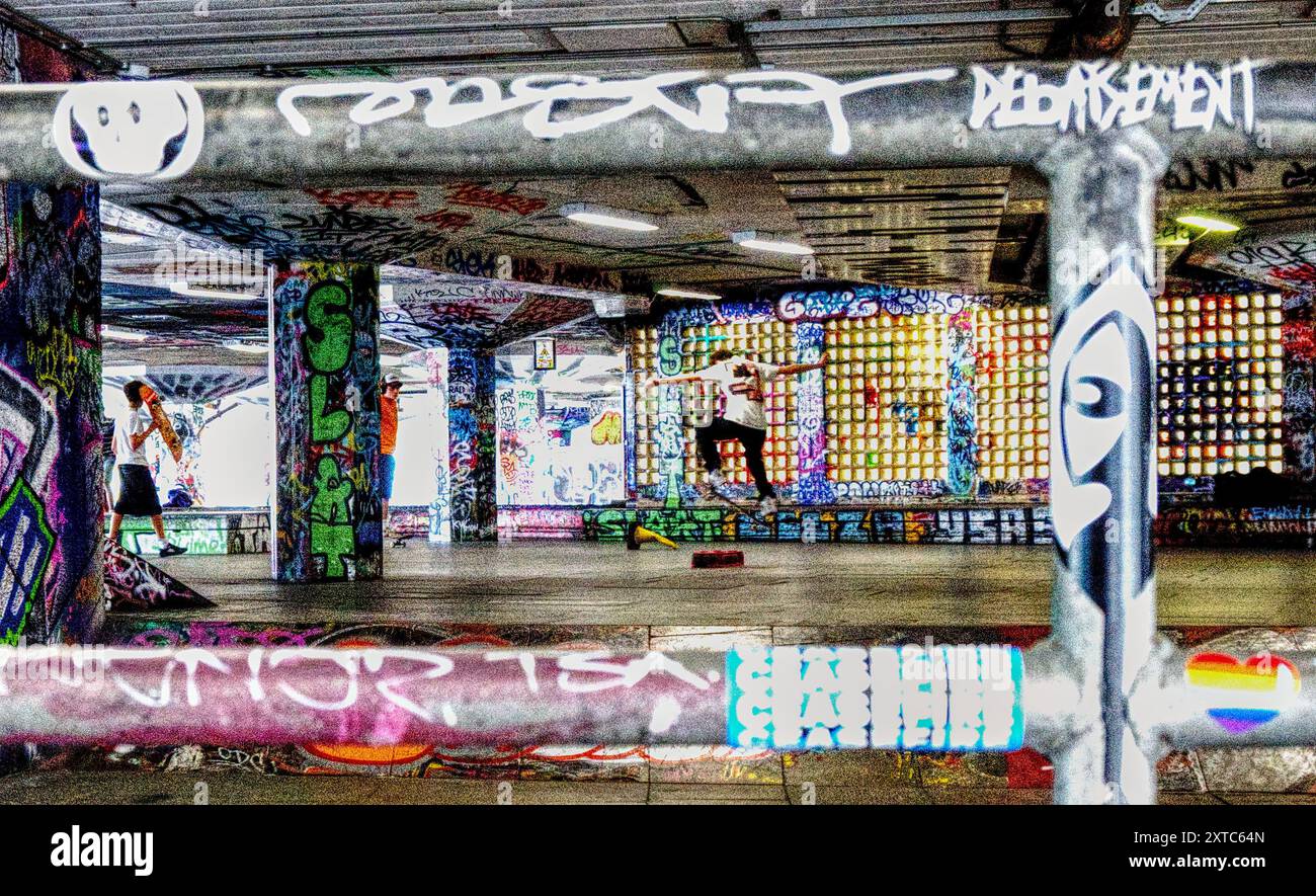 Skate Boarders e Graffiti sul Southbank Foto Stock