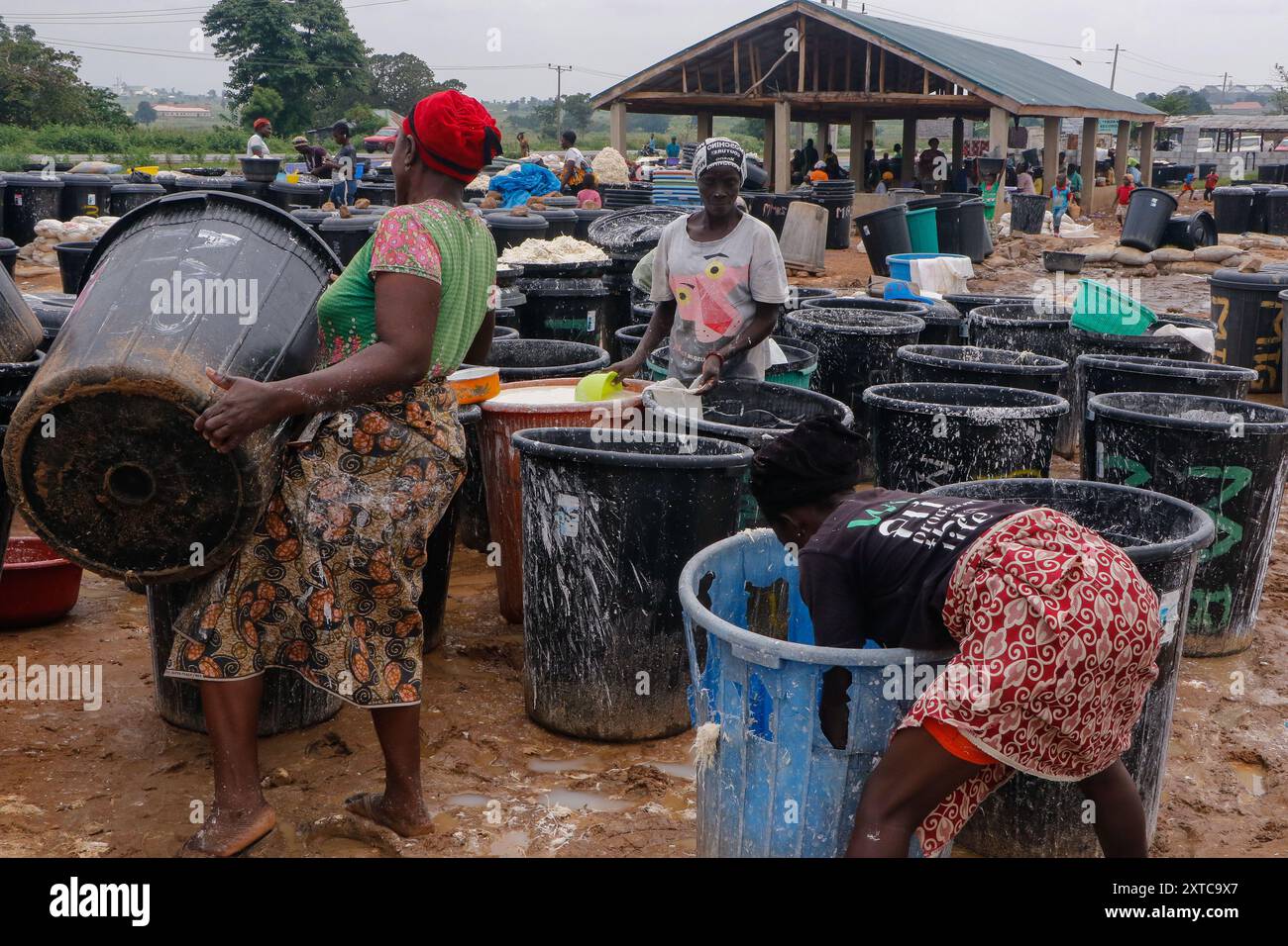 Le femmine di Abuja stanno lottando e facendo passi da gigante in una fabbrica locale di lavorazione della manioca in condizioni difficili per produrre farina mentre lavano la pula dalla manioca fermentata. Di fronte alle incertezze economiche, queste giovani ragazze e donne stanno affrontando varie sfide per rafforzare se stesse, fornire lavoro agli altri e sostenere il sostentamento. La maggior parte delle donne qui sono costrette a vivere, e si battono per le loro famiglie. Nigeria. Foto Stock