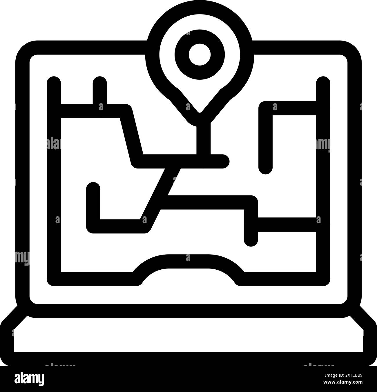 App GPS per il tracciamento della posizione che mostra la mappa della città e localizza lo schermo di un laptop Illustrazione Vettoriale