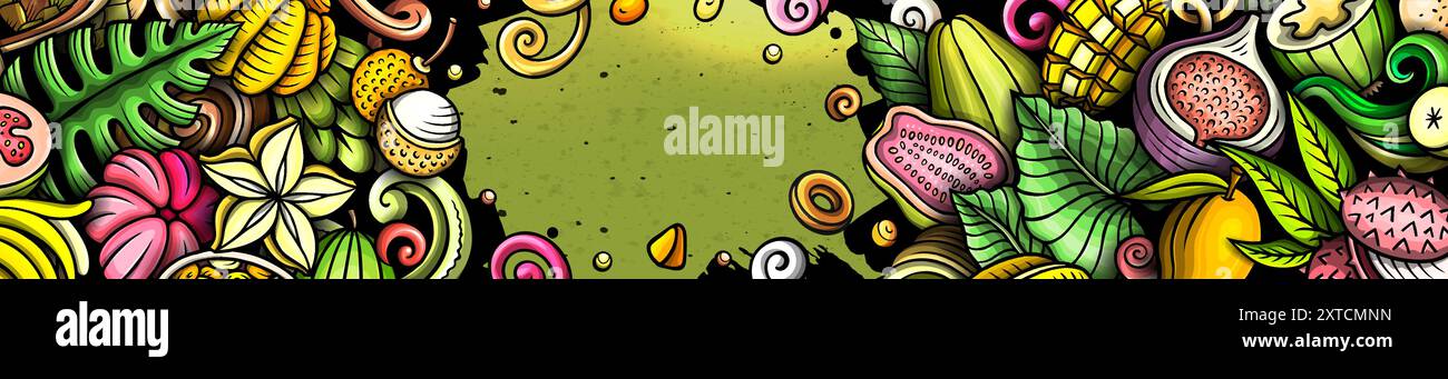 Sfondo banner Cartoon Vector Doodle Tropical Fruits. Divertente cibo naturale illustrazione colorata. Illustrazione Vettoriale