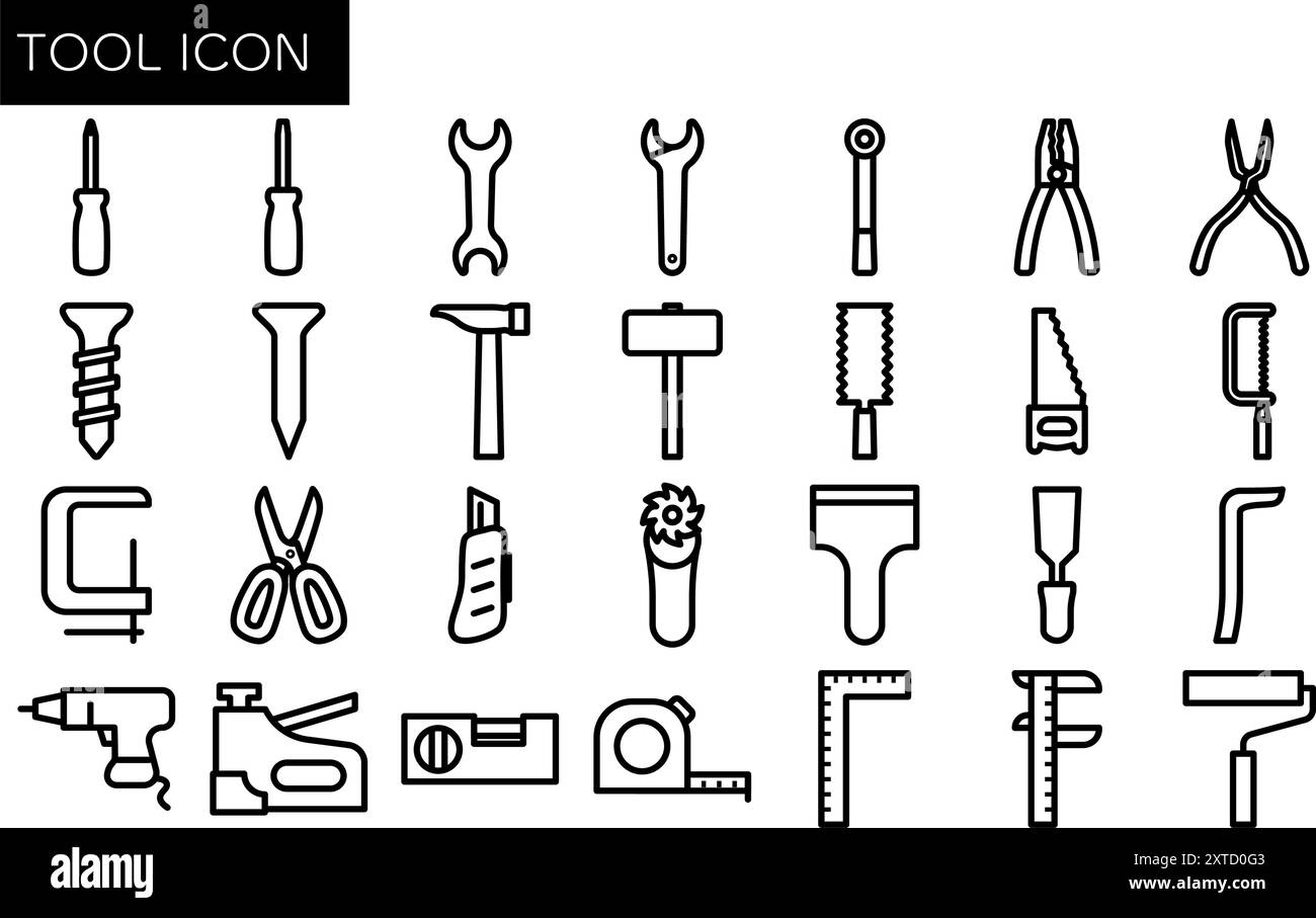 Set di icone dello strumento di disegno lineare semplice (bianco e nero), illustrazione vettoriale Illustrazione Vettoriale