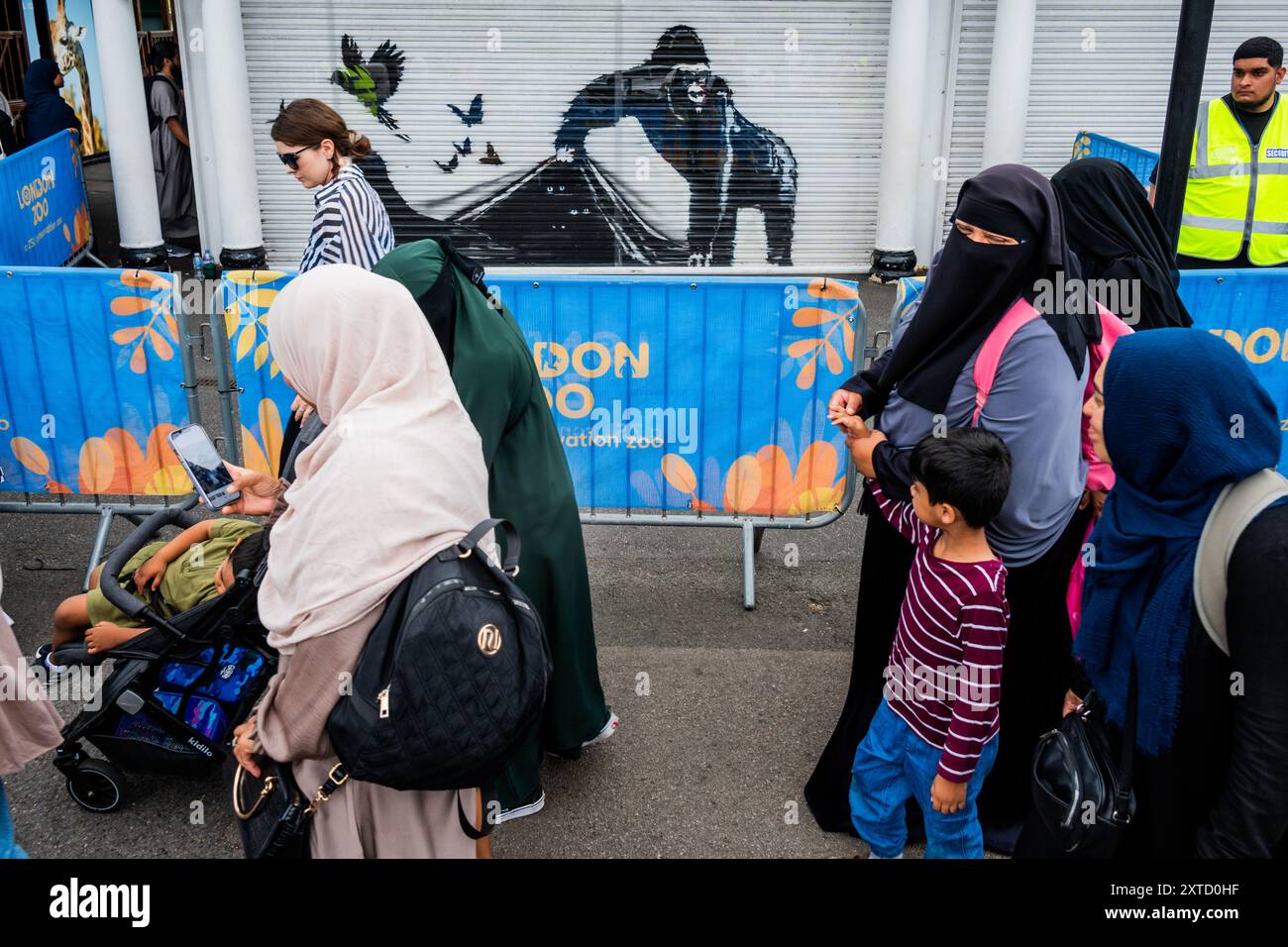 Londra, Regno Unito. 14 agosto 2024. È il momento di punta per lo zoo e la folla di visitatori riceve un'altra sorpresa: Un altro Banksy è apparso allo ZSL, lo zoo di Londra, nel Regent's Park. L'opera raffigurante un gorilla, una foca e degli uccelli segna il suo nono capitolo in una serie finora incentrata esclusivamente sugli animali. La sua ultima campagna per i graffiti è iniziata la settimana scorsa, quando una capra di stambecco è apparsa vicino a Kew Bridge, a Richmond, a ovest di Londra. In totale CE n'erano nove e questo dovrebbe essere l'ultimo. Crediti: Guy Bell/Alamy Live News Foto Stock